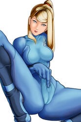 blonde_hair blue_eyes bodysuit cameltoe color female female_only hair human jpg long_hair masturbation metroid nintendo ponytail samus_aran simple_background solo tied_hair white_background zero_suit zero_suit_samus