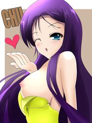 bare_shoulders blowing_kiss blue_eyes blush breasts female final_fantasy final_fantasy_vii hair itohikinebaneba kissing leotard long_hair monster_girl nipples pollensalta purple_hair solo straight_hair wardrobe_malfunction wink