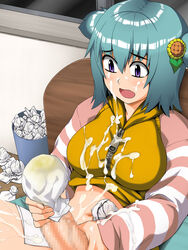 1futa aqua_hair blue_hair bukkake butakoma_300g censored character_request cum cum_on_body cum_on_clothes cum_on_self ejaculation facial futa_only futanari highres intersex masturbation orgasm penis purple_eyes solo studio_sunadokei sweater sweater_lift tissue vitamin_gai zipper