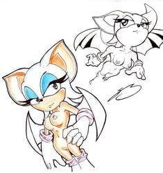 anthro bat bat_wings breasts exposed_torso female female_only footwear fur furry furry_ears gloves handwear mammal nipples non-human_areolae nude pussy rouge_the_bat sega smile solo sonic_(series) sonic_the_hedgehog_(series) straight_hair uncensored wings