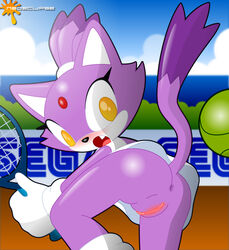 anthro ass blaze_the_cat blush blushing cat clitoris exposed_pussy feline female female_only from_behind fur furry furry_only mammal neoeclipse no_panties purple_fur pussy sega skirt solo sonic_(series) sonic_the_hedgehog_(series) straight_hair tennis uncensored yellow_eyes