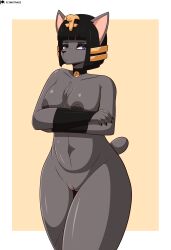 2023 alternate_hairstyle animal_crossing ankha ankha_(animal_crossing) anthro areola armwear bell black_eyeshadow black_hair blue_eyes bobtail breasts cel_shading chest_tuft clothing collar colored_nails cosplay costume crossed_arms curvy_figure digital_media_(artwork) domestic_cat exposed_breasts eyeshadow felid feline felis female flyingtrace fur genitals grey_body grey_fur grey_nipples hair halloween halloween_costume hi_res holidays iris_(flyingtrace) jewelry legwear looking_at_viewer makeup mammal nails navel nintendo nipples nude pussy shaded short_tail signature simple_background solo tail text thick_thighs tuft unimpressed url voluptuous