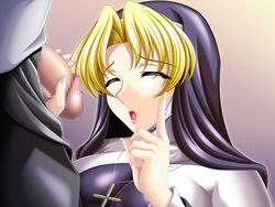 big_penis blonde_hair breasts censored closed_eyes cross game_cg habit handjob large_breasts male_focus mesu_niku_no_oshie nun pichipichi_garou_r