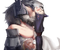 1boy ahri animal_ears armor ass black_hair closed_eyes cum female fox_ears fur furry_tail humanoid league_of_legends long_hair multiple_tails nude open_mouth penis pregnant pregnant_sex rengar sex simple_background sky_of_morika straight tail testicles tongue tongue_out white_background