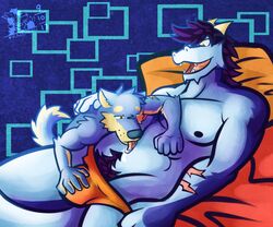 canine clothing dragon horn male mammal navel navel_licking nipples pubes scar shiba_inu size_difference underwear ventkazemaru yaoi