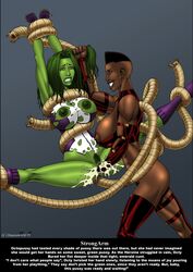 2009 2girls dark-skinned_female dark_skin deuce deuceworld english_text female female_only green_skin hulk_(series) human interracial marvel mechanical_tentacles multiple_girls octipussy she-hulk vaginal_penetration yuri