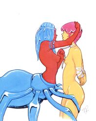 anthro arachnid areolae armlet ass blue_hair bondage breasts duo female female_only femdom green_skin hand_on_head insect leash lesbian_spider-queens_of_mars light_bondage long_hair magenta_hair medium_breasts monster monster_girl nipples nude puffy_nipples red_skin sapfiresyko short_hair side_view sideboob signature small_breasts spider spider_girl standing