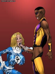 1boy 1girls 2008 blonde_hair blue_eyes bodysuit clothed_sex covered_in_cum cum cum_everywhere dark-skinned_male dark_skin deuce deuceworld fantastic_four fellatio female human human_only interracial invisible_woman light-skinned_female light_skin male marvel oral racer_(character) straight sue_storm superheroine