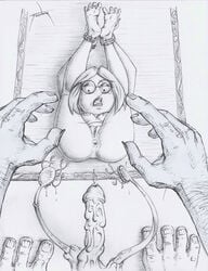 anus bondage bound breasts erect_nipples family_guy feet_above_head glasses hands_behind_head human imminent_rape meg_griffin monochrome monster penis precum pussy restrained scared sketch surprised teeth tooner vagina veiny_penis