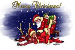 1girls 3boys anal anal_sex antlers beard bisexual bisexual_male blonde_hair boots christmas christmas_elf elf elf_ears elf_hat elf_shoes english english_text facial_hair foursome gloves hooves interspecies merry_christmas pointy_ears red_nose reindeer rudolph santa_claus santa_costume santa_hat stockings white_hair