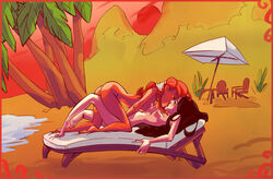 2girls beach black_hair brown_hair disney female female_only human human_only kim_possible kimberly_ann_possible kissing lounge_chair multiple_females multiple_girls nana-51 nipples nude orange_hair outdoors redhead shego straight_hair tagme yuri