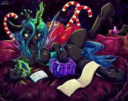 bed black_body black_fur candy_cane changeling christmas dildo dimwitdog female female_focus female_only friendship_is_magic fur gift glowing hasbro holidays horn list lying magic my_little_pony pussy queen_chrysalis_(mlp) sex_toy smooth_skin wings