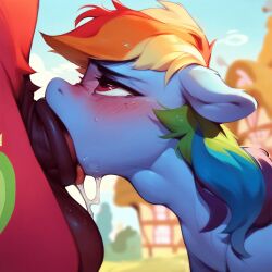 ai_generated big_macintosh_(mlp) blue_body blue_fur equid equine fellatio friendship_is_magic fur furry hasbro horse my_little_pony mythological_creature mythological_equine mythology oral pegasus pony pony_diffusion_xl rainbow_dash_(mlp) rainbow_hair sex