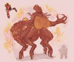 1girls 4_fingers anthro big_breasts deep_rock_galactic female frontal_taur_pussy glyphid glyphid_bulk_detonator high_heels kantairisc lactation lactation_without_expressing nightmare_waifu no_eyes orange_body orange_nipples orange_pussy tagme unusual_bodily_fluids unusual_genital_fluids unusual_lactation