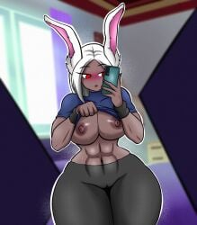 blush blush bunny_ears bunny_girl dark-skinned_female dark_skin female female_focus female_only gym_clothes huge_breasts mirror_selfie miruko muscle muscular_female my_hero_academia rumi_usagiyama selfie white_hair zirot