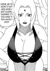 1girls beach breast_focus cleavage comic dialogue english_text female female_focus female_only front_view hourglass_figure mature mature_female milf monochrome naruto naruto:_the_last naruto_(series) naruto_shippuden ninrubio one-piece_swimsuit pov revealing_swimsuit seaside solo solo_focus story swimsuit text tsunade upper_body voluptuous voluptuous_female