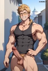 abs ai_generated balls bara biceps big_balls big_penis blonde_hair daddy dilf erection kangmzze male male_nipples male_only manly mature_male muscular_male mushoku_tensei nipples nude paul_greyrat pecs penis