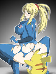 1girls ass blonde_hair bodysuit erect_nipples metroid nintendo pikachu pokemon ponytail samus_aran super_smash_bros. super_smash_bros._brawl tied_hair torn_clothes zero_suit zero_suit_samus