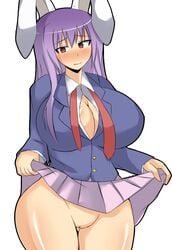 animal_ears blush breasts bunny_ears curvy female large_breasts long_hair musuka_(muska) no_panties purple_hair pussy red_eyes reisen_udongein_inaba skirt skirt_lift solo touhou uncensored