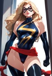 2d ai_generated blonde_hair domino_mask elbow_gloves leotard long_hair marvel marvel_comics mask ms._marvel_(carol_danvers) sash solo solo_female solo_focus tagme thighhighs