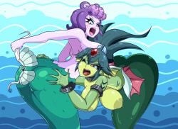 areolae bra breasts cala_maria cephalopod cephalopod_humanoid clothing crossover cuphead_(game) duo duo_focus fangs female fighting fin fist giantess giga_mermaid long_hair marine merfolk mermaid monster_girl mostly_nude navel nipples octopus octopus_girl open_mouth red_eyes scalie sea semi-anthro shantae sharp_teeth siren smooth_skin teeth tongue tongue_out topless underwear video_games water wet yellow_eyes