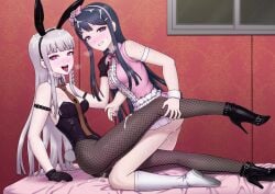 2girls :p animal_ears bare_shoulders bed black_footwear black_leotard boots breasts brown_pantyhose center_frills cum cum_in_pussy cum_on_ass cum_on_hair danganronpa danganronpa:_trigger_happy_havoc facial fake_animal_ears fake_tail female female_only frills high_heels idol indoors kirigiri_kyouko knee_boots korean_text leotard mackgee maggea22 maizono_sayaka medium_breasts multiple_girls neck_ribbon official_alternate_costume pantyhose pink_eyes pink_ribbon playboy_bunny rabbit_ears rabbit_tail ribbon smile tail tongue tongue_out white_footwear yuri