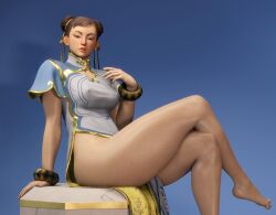 1girl 3d accessory asian_clothing asian_female blue_background brown_hair capcom chinese_clothes chun-li crossed_legs dress_lift ear_piercing earrings emberstock girl highres human human_only legs legs_crossed light-skinned_female light_skin looking_at_viewer looking_down mature_female nipple_bulge ribbon_in_hair simple_background sitting smooth_skin solo street_fighter street_fighter_6 thick_thighs thighs