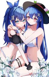 2girls absurdres arms_around_neck bikini black_bikini black_sleeves blue_bow blue_hair blush bow breasts cleavage closed_mouth commentary_request crossed_bangs detached_sleeves feet_out_of_frame flower frilled_bikini frills frown hair_between_eyes hairbow hat hat_ornament high_ponytail highres hinanawi_tenshi kaminose_(user_veum4325) kanji_hair_ornament leaf_hat_ornament long_bangs long_hair looking_at_viewer medium_breasts multiple_girls navel peach_hat_ornament puffy_detached_sleeves puffy_sleeves raised_eyebrows red_eyes seiza shion_yorigami simple_background sitting swimsuit tenshi_hinanawi thigh_strap touhou very_long_hair white_background white_bikini white_flower wrist_cuffs yorigami_shion yuri