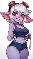 ai_generated bare_shoulders breasts from_below league_of_legends navel riot_games short_hair shorts sky4maleja smile smiley_face tank_top thick_thighs thong_above_shorts thong_straps tristana white_background yordle