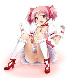 1girls anus bobby_socks bow choker female footwear frills gloves hairbow highres human kaiga madoka_kaname mahou_shoujo_madoka_magica no_panties open_mouth pink_eyes pink_hair pussy short_hair short_twintails sitting skirt socks solo soul_gem tied_hair twintails uncensored white_legwear