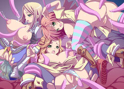 3girls anus ass bard_(sekaiju) blonde_hair blue_eyes bra breasts breasts_out censored clothing etrian_odyssey female footwear green_eyes huge_breasts lactation large_breasts lingerie long_hair medic_(sekaiju) milking multiple_girls nipple_pull nipples no_panties open_clothes open_mouth open_shirt paladin_(sekaiju) panties pants puffy_nipples pussy rape red_hair rubibi sekaiju_no_meikyuu sex shirt shoes short_hair simple_background socks spread_legs stockings tentacle torn_clothes underwear