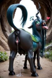 ai_generated black_fur black_hair focus_on_ass my_little_pony pussy queen_chrysalis_(mlp) satisfied satisfied_look satisfied_smile tongue_out uncensored