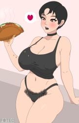 big_breasts black_hair black_lipstick black_pubic_hair breasts clothing empanada female female_focus female_only food fotec freckles freckles_on_face goth goth_girl gothic gotica hairy_pussy lipstick original original_character pixie_cut pubic_hair