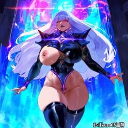 ai_generated aura evil_eyes evil_face evil_grin evil_smile evilkuro05 floating highleg_leotard magic_user massive_breasts oc sorceress thick_hips thick_legs villain white_hair wide_hips