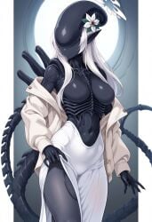 ai_generated alien alien_(franchise) alien_girl alien_humanoid black_skin cleavage clothed elongated_head human_hybrid humanoid large_ass large_breasts tagme tail thick_thighs wide_hips xenomorph