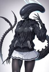 ai_generated alien alien_(franchise) alien_girl alien_humanoid black_skin blue_archive cleavage clothed elongated_head human_hybrid humanoid kazusa_(blue_archive)_(cosplay) large_ass large_breasts smile tagme tail thick_thighs wide_hips xenomorph