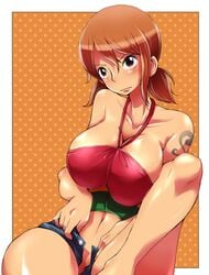 blush breast_squeeze breasts brown_eyes brown_hair cleavage denim denim_shorts embarrassed female female_only halter_top halterneck huge_breasts human hun low_twintails nami navel one_piece one_piece_film_strong_world pre-timeskip short_twintails shorts solo tattoo tied_hair twintails undressing unzipped