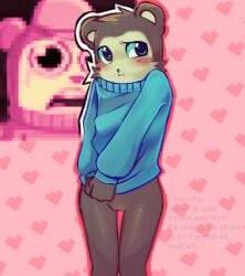 blush blushing brown_fur cub cuntboy jimmy_(max_design_pro) max_design_pro maxdesignpro pink_background thigh_gap