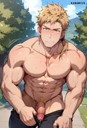 abs ai_generated balls bara biceps big_balls big_penis blonde_hair blush daddy dilf erection kangmzze male male_nipples male_only manly mature_male muscular_male mushoku_tensei nipples nude paul_greyrat pecs penis