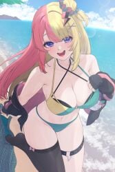 1girls asymmetrical_hair bare_shoulders beach beach_background belly_button big_breasts bikini blue_eyes cleavage exposed_shoulders exposed_torso gunknown hair_bun hairclip happy jacket jacket_open kotoka_torahime legwear light_blush looking_at_viewer medium_breasts mouth_open navel nijisanji nijisanji_en one_stocking one_thighhigh open_jacket open_mouth pink_hair removing_clothing skirt skirt_down solo solo_female solo_focus stocking swimsuit taking_clothes_off thigh_strap thighhigh two_tone_hair virtual_youtuber x_hair_ornament yellow_hair