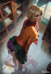 1girls ai_generated ashley_graham ass blonde_hair book bookshelf breasts clothes_lift from_above from_behind full_body green_eyes green_skirt indoors library lips looking_at_viewer looking_back nose orange_sweater panties philon purple_panties red_scarf resident_evil scarf shoes short_hair skirt skirt_lift smile sneakers solo stable_diffusion standing sweater underwear window