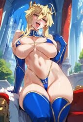 2d ai_generated artoria_pendragon artoria_pendragon_(lancer) bikini blonde_hair crown elbow_gloves fate/grand_order fate_(series) female_focus female_only french_braid green_eyes highleg looking_at_viewer micro_bikini sidelocks single_hair_bun solo solo_female solo_focus tagme thighhighs tongue tongue_out