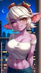 ai_generated belly_button big_breasts blush breasts city city_background clavicle collarbone cute hourglass_figure large_breasts league_of_legends looking_at_viewer navel night one_eye_closed portrait purple_skin riot_games shiny_skin shirt short_hair sky4maleja smile smiley_face tight_clothing toned tristana upper_body yellow_eyes yordle