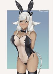 1girls alternate_costume ash_(fire_emblem) azure_monarch bangs blush breasts bunny_ears bunny_girl bunnysuit cameltoe cow_ears cow_girl cow_horns dark-skinned_female dark_skin female female_only fire_emblem fire_emblem_heroes large_breasts leotard medium_hair midriff nervous nintendo see-through see-through_clothing solo sweatdrop transparent_bunnysuit