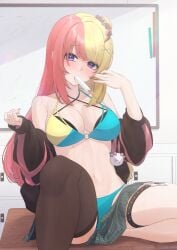 1girls asymmetrical_hair bare_midriff bare_shoulders belly_button big_breasts bikini cleavage eating eating_food exposed_shoulders exposed_torso gunknown hair_bun jacket_off_shoulders jacket_open kotoka_torahime legwear medium_breasts midriff navel nijisanji nijisanji_en one_thighhigh open_clothes open_jacket pink_hair popsicle popsicle_in_mouth purple_eyes sitting sitting_on_desk skirt skirt_down solo solo_female solo_focus stocking sweat sweating sweaty thigh_strap thighhigh two_tone_hair virtual_youtuber x_hair_ornament yellow_hair