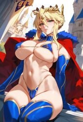 2d ai_generated artoria_pendragon artoria_pendragon_(lancer) bikini blonde_hair castle cloak crown day elbow_gloves fate/grand_order fate_(series) french_braid green_eyes highleg micro_bikini outdoors red_cloak sidelocks single_hair_bun solo solo_female solo_focus tagme thighhighs