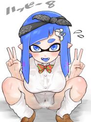 1girls amboomoon bangs blue_eyes blue_hair blunt_bangs blush bottomless bow breasts female hairclip inkling inkling_girl long_hair school_uniform solo solo_female solo_focus splatoon splatoon_(series) spread_legs tentacle tentacle_hair tongue tongue_out