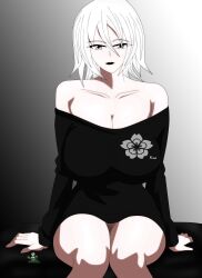 akinama_family_(noir-black-shooter) big_breasts huge_breasts milf no_panties noir-black-shooter oc original_character short_hair silver_eyes white_hair yuna_akinama_(noir-black-shooter)