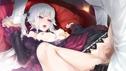 1boy 1girls bed bishoujo_mangekyou breast_grab breasts censored clothing dress fangs female game_cg gothic happoubi_jin kagamino_kirie kagarino_kirie male nipples no_bra no_panties open_mouth penis pussy red_eyes ribbon sex silver_hair small_breasts spread_legs straight tied_hair tongue twintails vaginal_penetration vampire white_hair