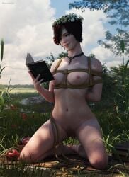 3d bondage book breasts cd_projekt_red collar female flower_crown freckles koelet3d light-skinned_female nipples nude outdoors pubic_hair pussy reading red_hair rope_bondage shani short_hair smiling solo spread_legs the_witcher_(series) the_witcher_3:_wild_hunt